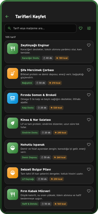Nura tarifleri keşfet ekranı